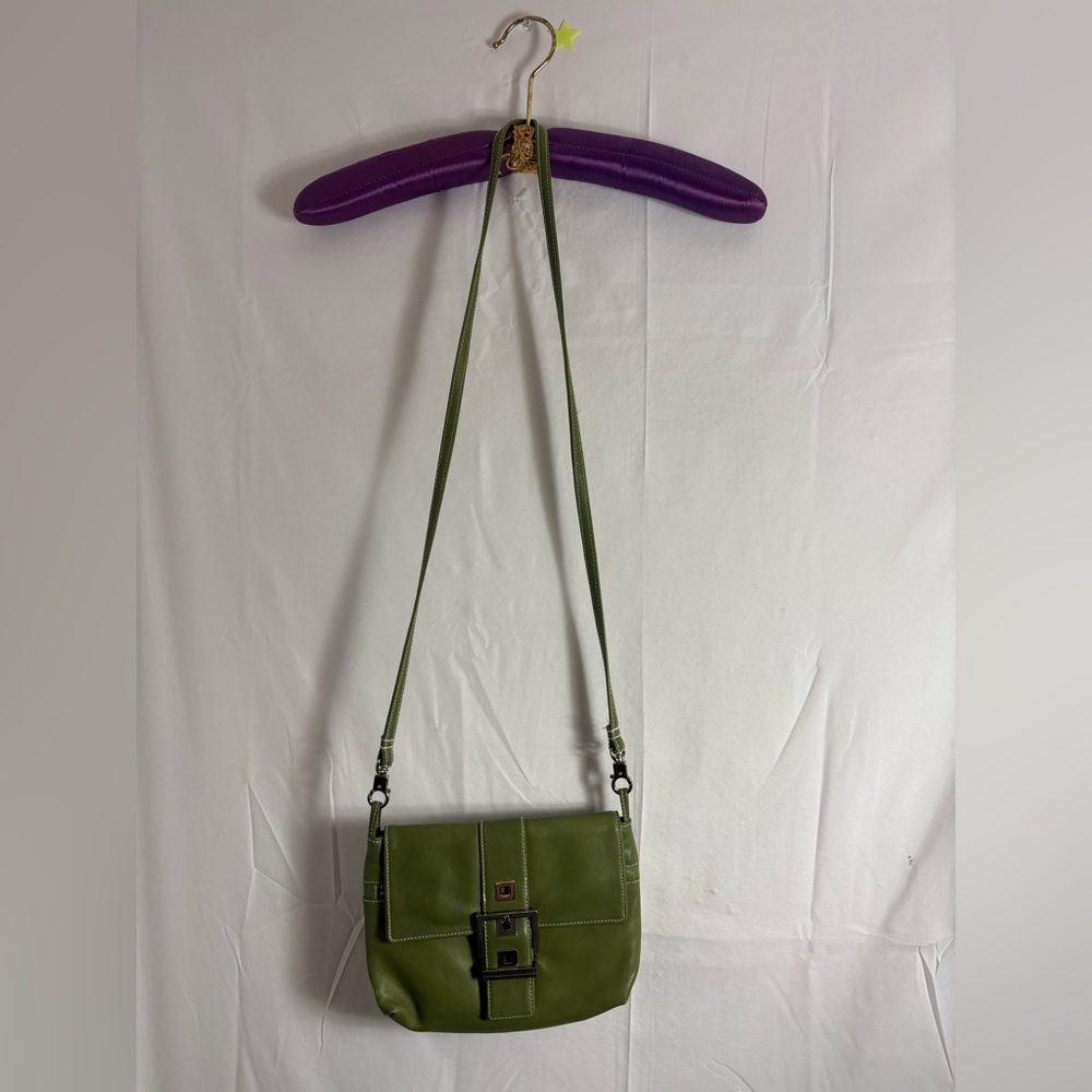 Y2K Faux Leather Sage Olive Green+Silver Detail Small Cross Body Purse 8.75 X 6"